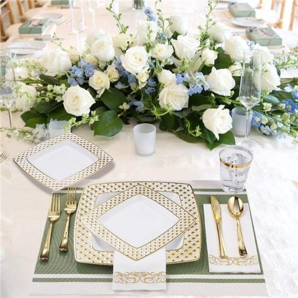 175 Piece Gold Dinnerware Set 25 Guest-50 Diamond Square Plastic Plates - Picture 3 of 7